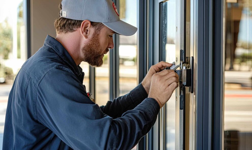 A technician adjusts repairs commercial door
